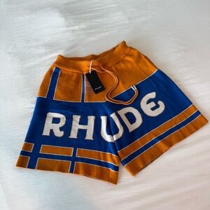 Rhude Palm Logo Colorblock Knit Shorts Mustard Blue & White | Size = L